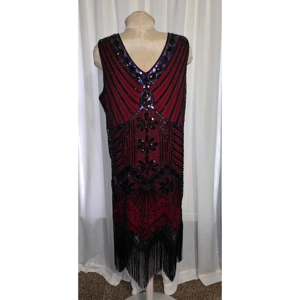 Womens 1920s Flapper Costume Set Red Black Sequin Fringe Dress Wig 3XL - Picture 7 of 8